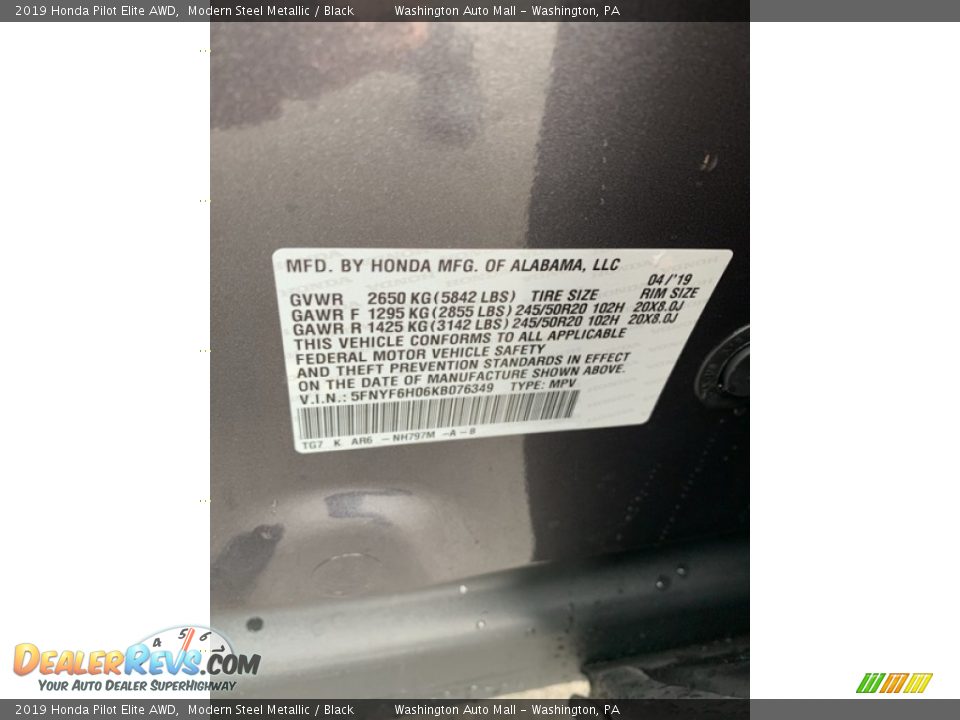 2019 Honda Pilot Elite AWD Modern Steel Metallic / Black Photo #14