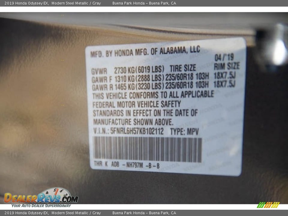 2019 Honda Odyssey EX Modern Steel Metallic / Gray Photo #18