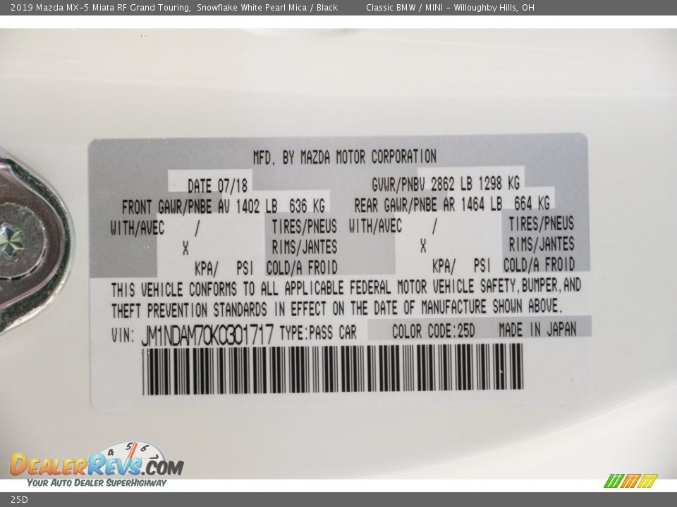 Mazda Color Code 25D Snowflake White Pearl Mica
