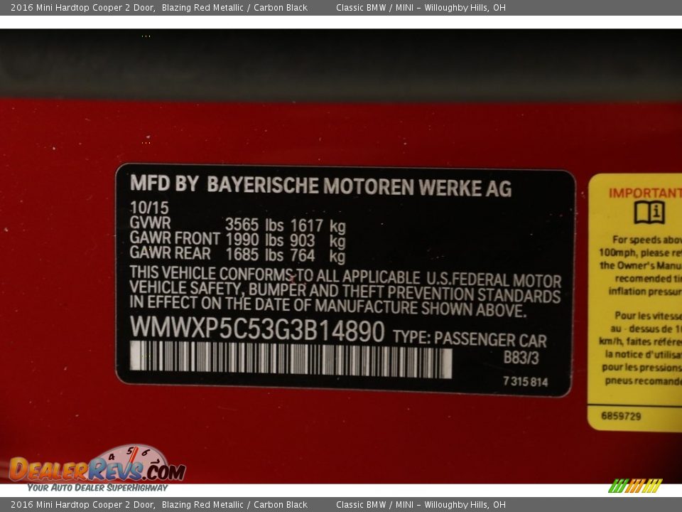2016 Mini Hardtop Cooper 2 Door Blazing Red Metallic / Carbon Black Photo #20