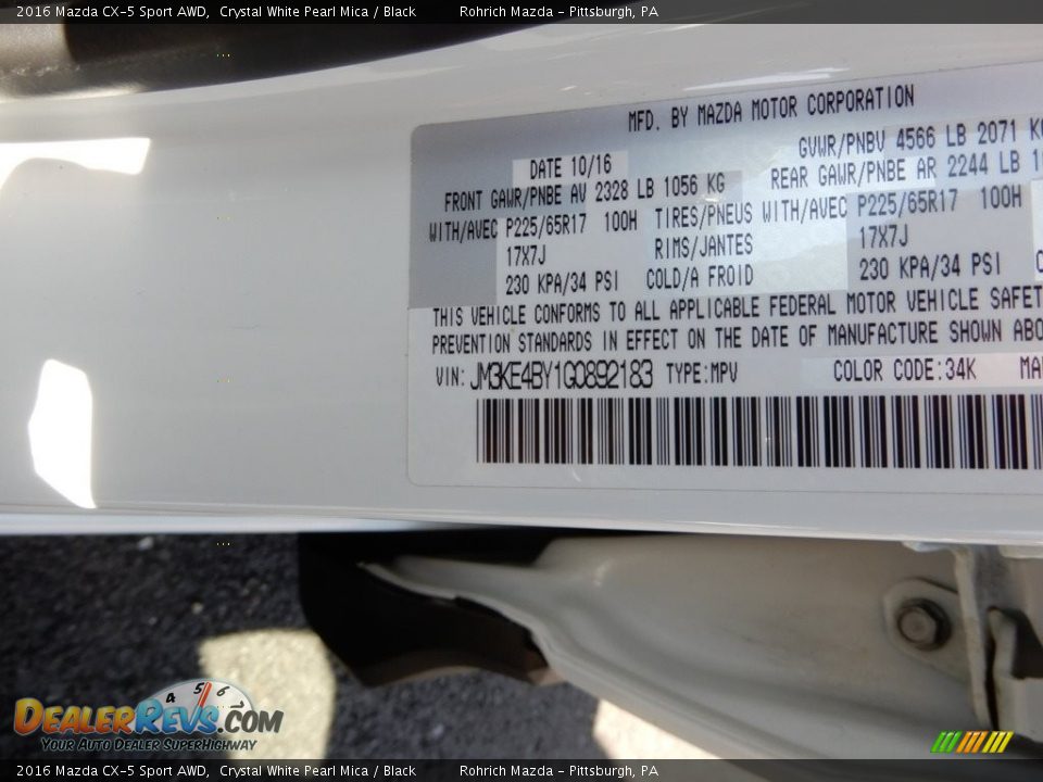 2016 Mazda CX-5 Sport AWD Crystal White Pearl Mica / Black Photo #27