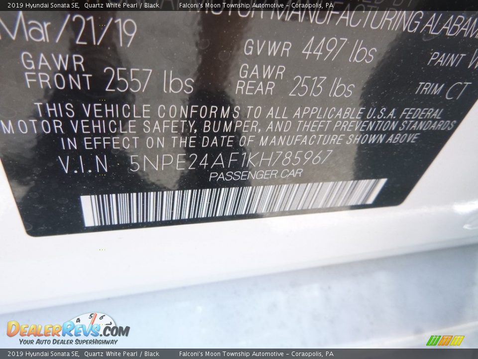2019 Hyundai Sonata SE Quartz White Pearl / Black Photo #13