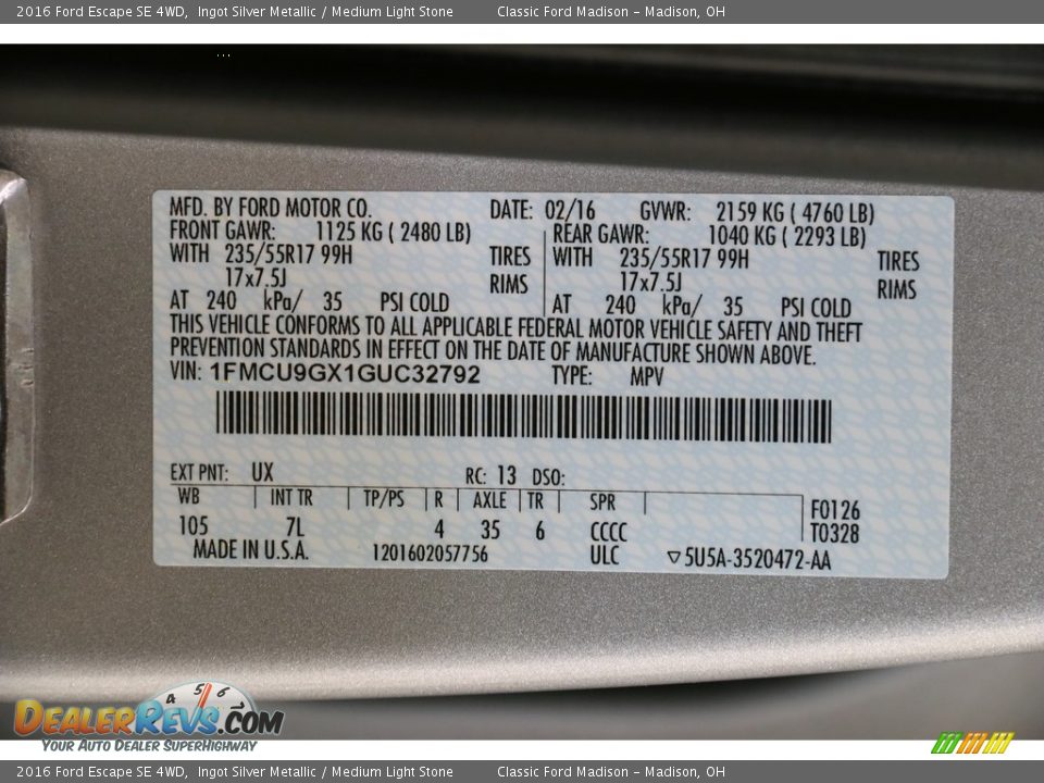 2016 Ford Escape SE 4WD Ingot Silver Metallic / Medium Light Stone Photo #19