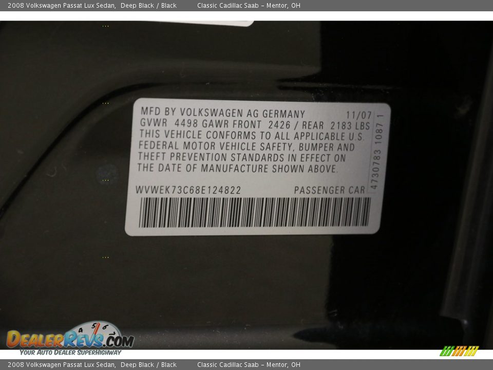 2008 Volkswagen Passat Lux Sedan Deep Black / Black Photo #17