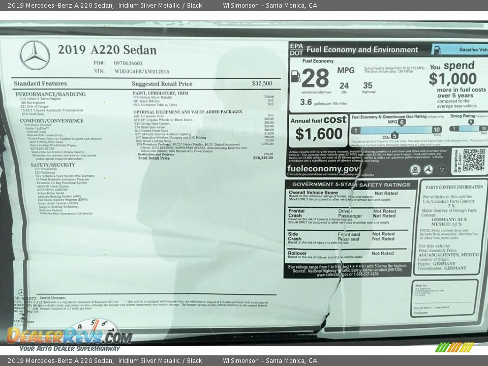 2019 Mercedes-Benz A 220 Sedan Window Sticker Photo #10