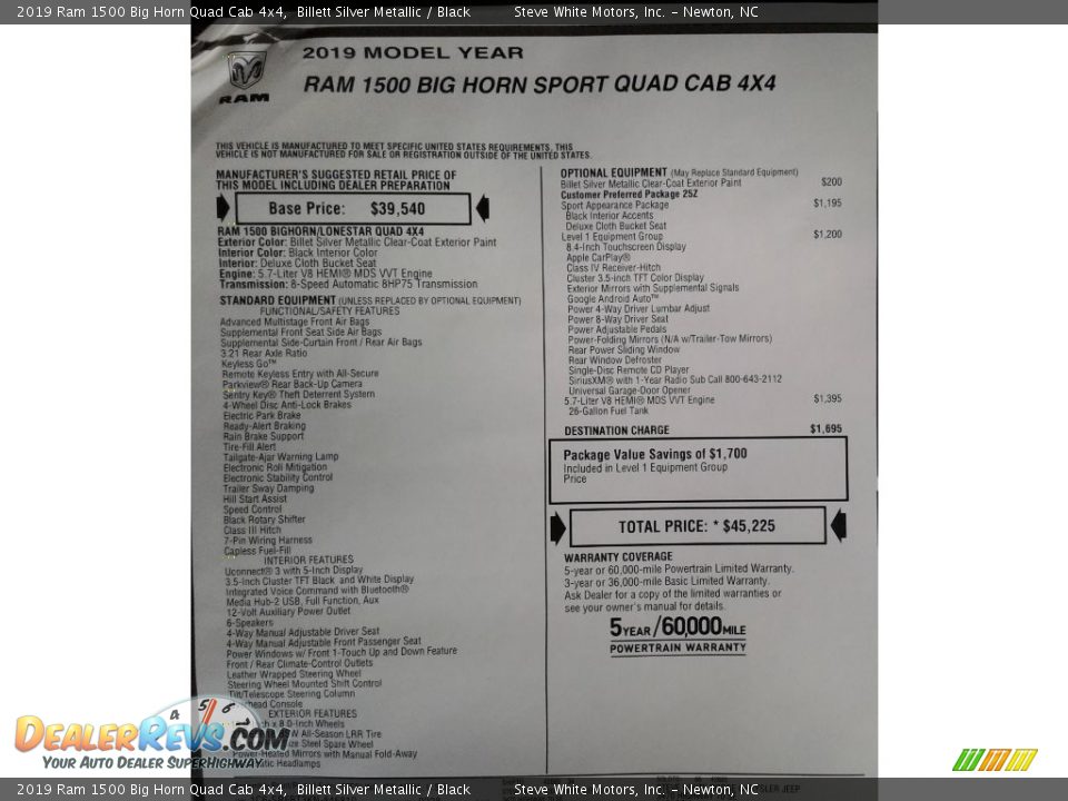 2019 Ram 1500 Big Horn Quad Cab 4x4 Window Sticker Photo #33