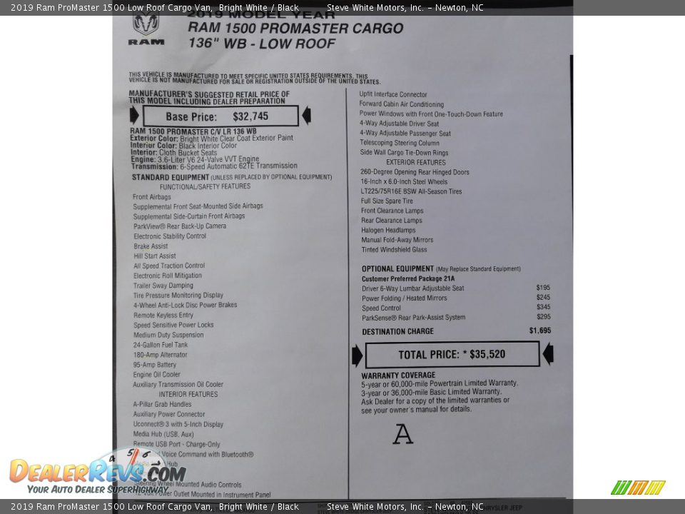 2019 Ram ProMaster 1500 Low Roof Cargo Van Bright White / Black Photo #30