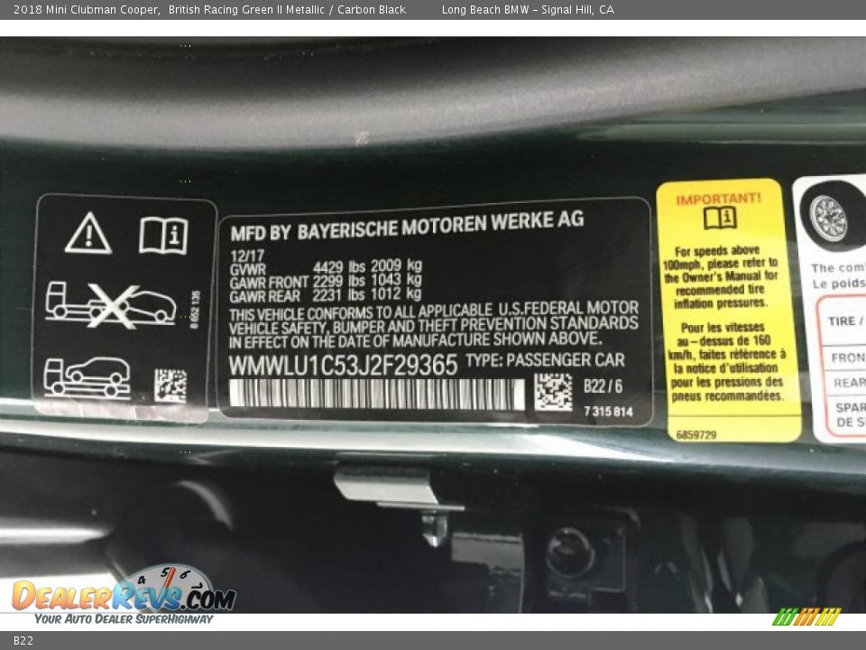 Mini Color Code B22 British Racing Green II Metallic