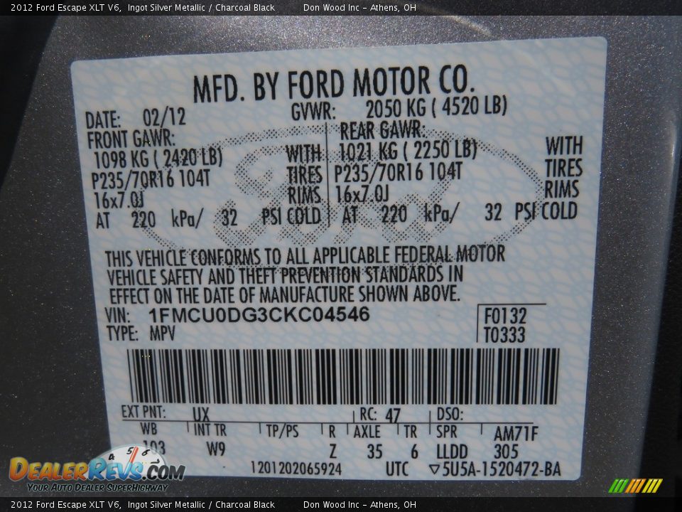 2012 Ford Escape XLT V6 Ingot Silver Metallic / Charcoal Black Photo #32