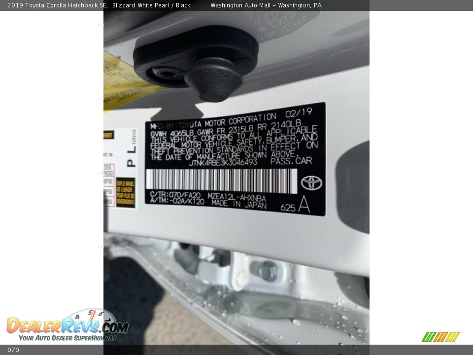 Toyota Color Code 070 Blizzard White Pearl