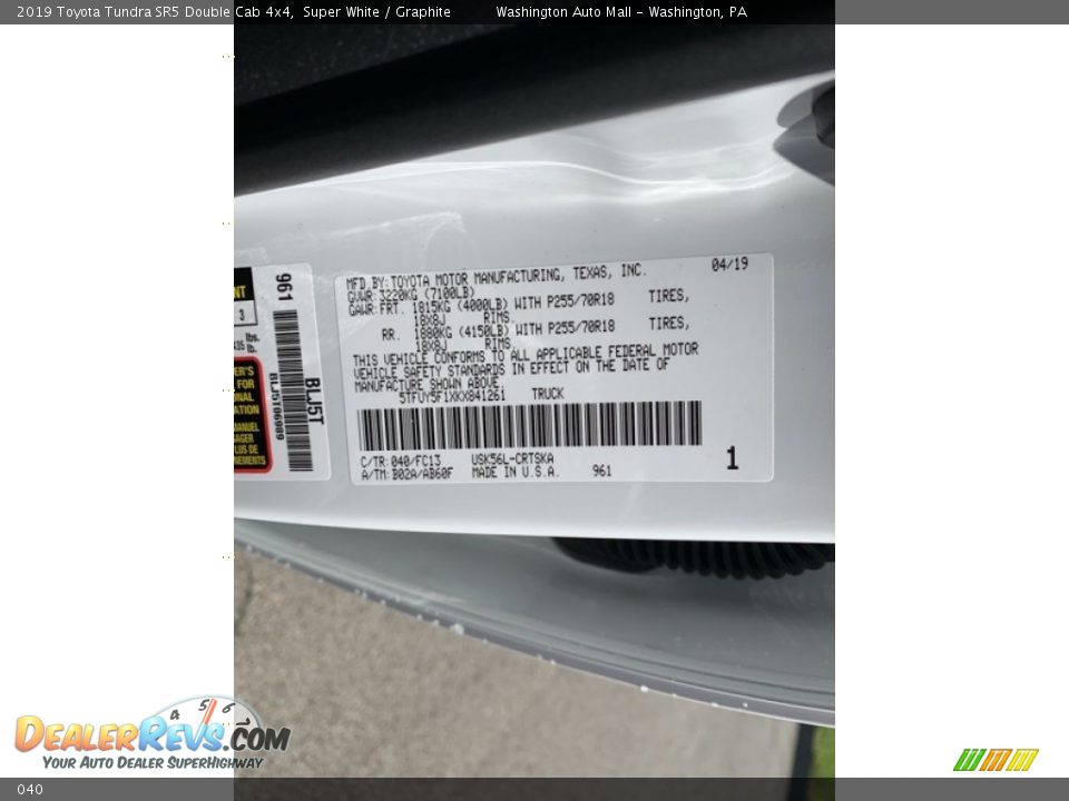 Toyota Color Code 040 Super White