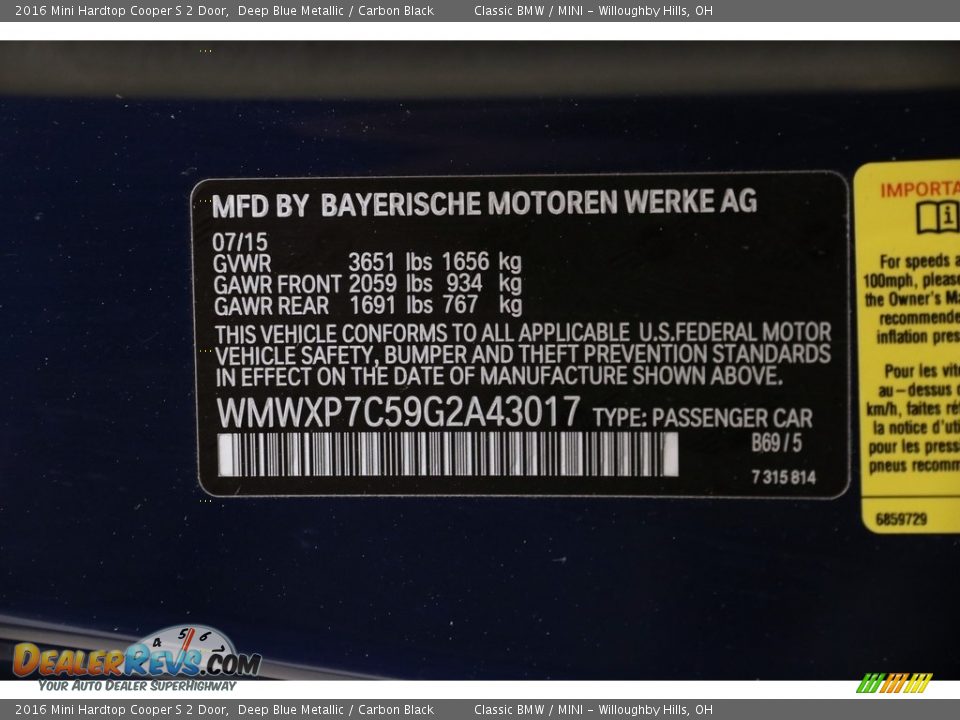 2016 Mini Hardtop Cooper S 2 Door Deep Blue Metallic / Carbon Black Photo #20