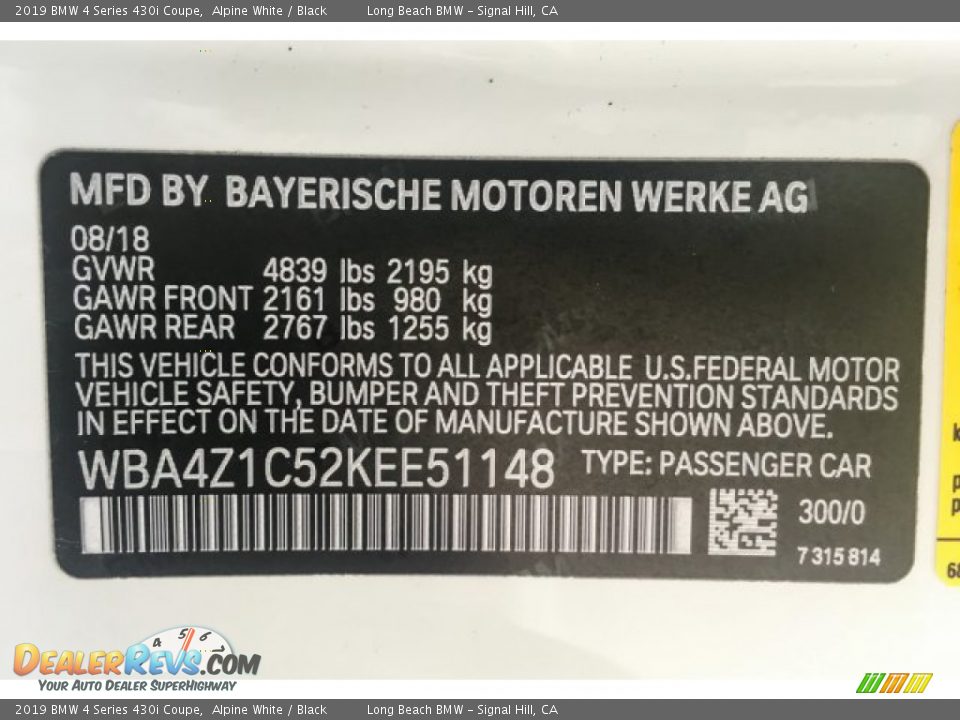 2019 BMW 4 Series 430i Coupe Alpine White / Black Photo #11