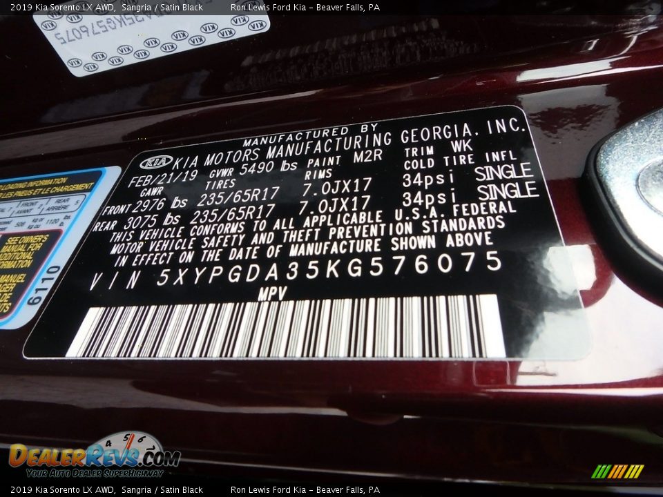 2019 Kia Sorento LX AWD Sangria / Satin Black Photo #16