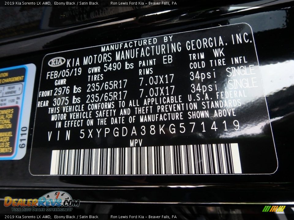 2019 Kia Sorento LX AWD Ebony Black / Satin Black Photo #17