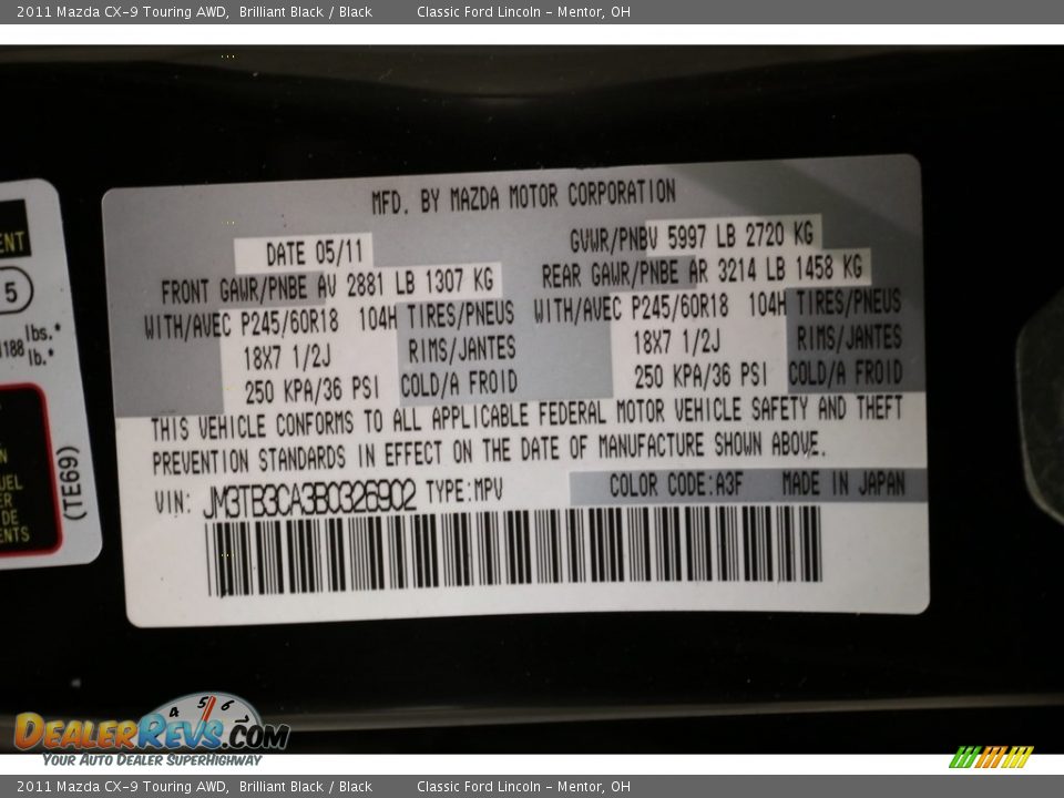 2011 Mazda CX-9 Touring AWD Brilliant Black / Black Photo #20