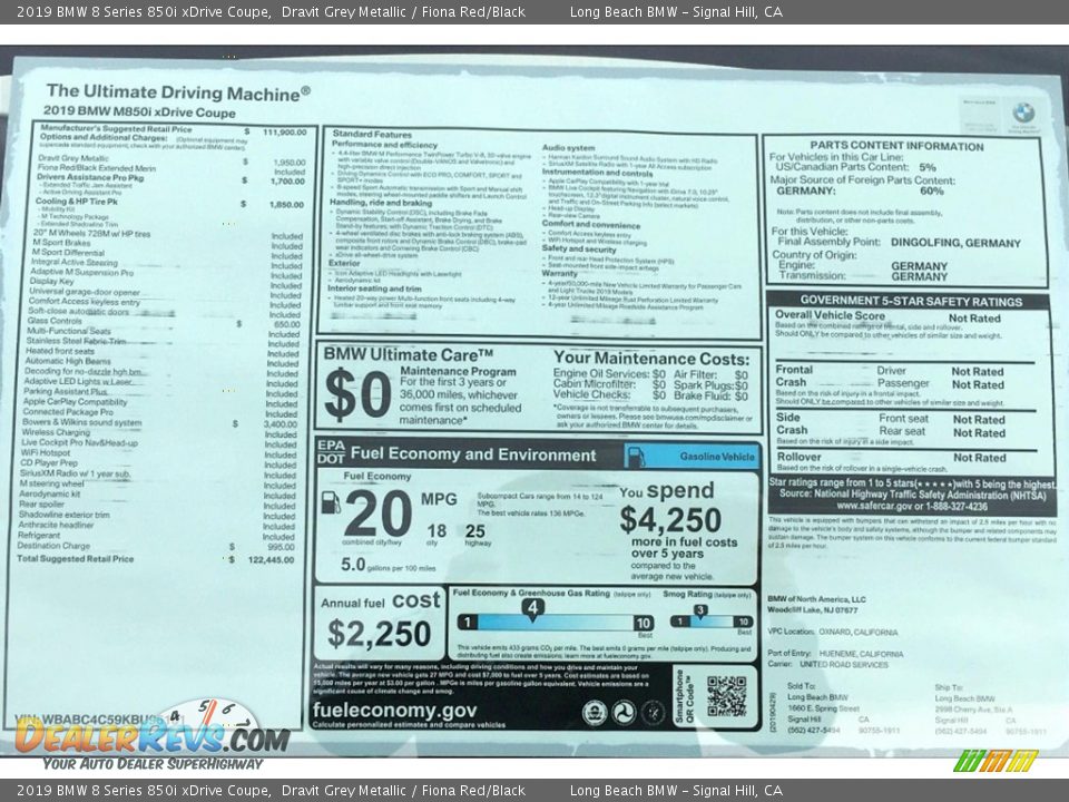 2019 BMW 8 Series 850i xDrive Coupe Window Sticker Photo #11