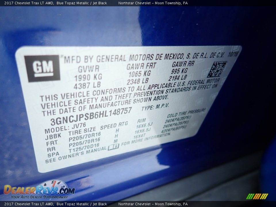 2017 Chevrolet Trax LT AWD Blue Topaz Metallic / Jet Black Photo #28