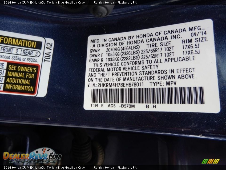 2014 Honda CR-V EX-L AWD Twilight Blue Metallic / Gray Photo #27