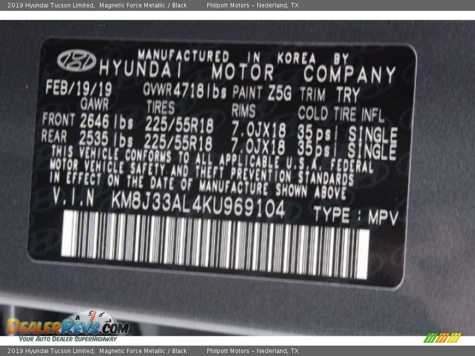 2019 Hyundai Tucson Limited Magnetic Force Metallic / Black Photo #25