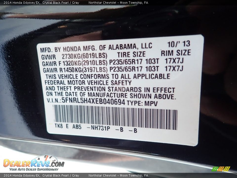 2014 Honda Odyssey EX Crystal Black Pearl / Gray Photo #28