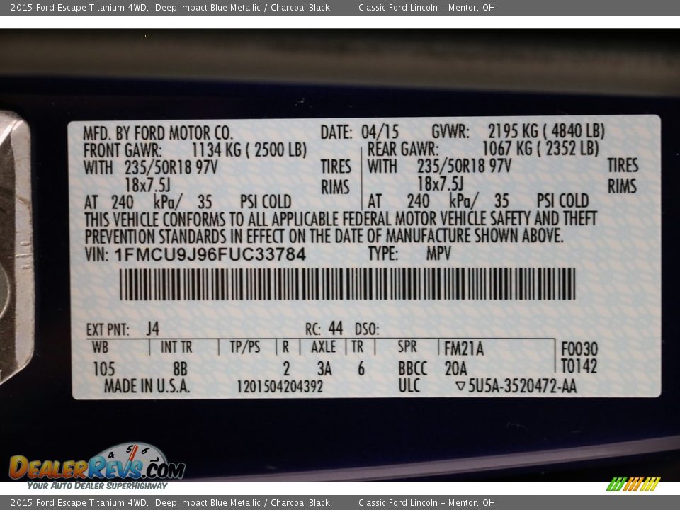 2015 Ford Escape Titanium 4WD Deep Impact Blue Metallic / Charcoal Black Photo #22