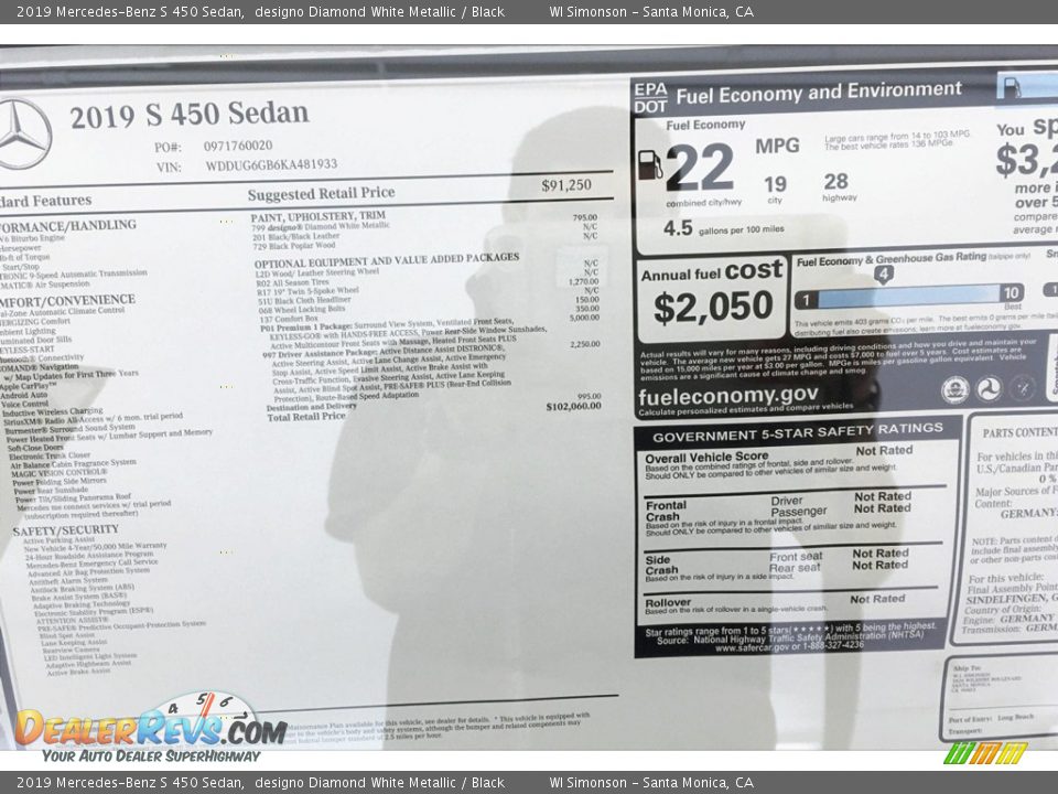 2019 Mercedes-Benz S 450 Sedan designo Diamond White Metallic / Black Photo #10