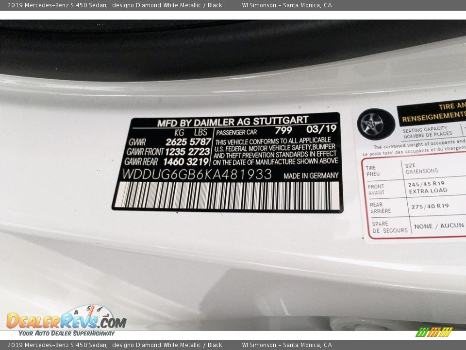 2019 Mercedes-Benz S 450 Sedan designo Diamond White Metallic / Black Photo #11