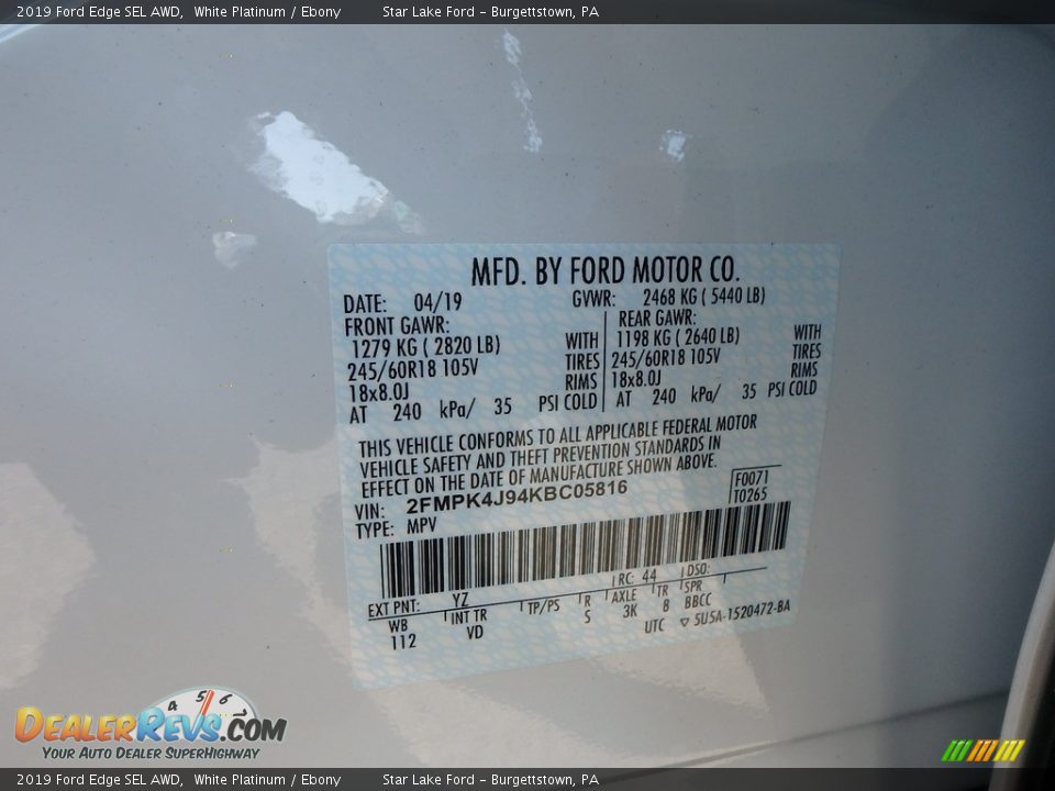 2019 Ford Edge SEL AWD White Platinum / Ebony Photo #14