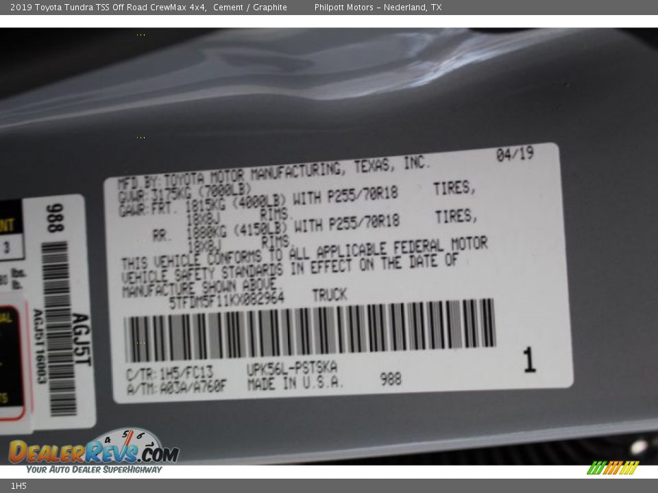 Toyota Color Code 1H5 Cement