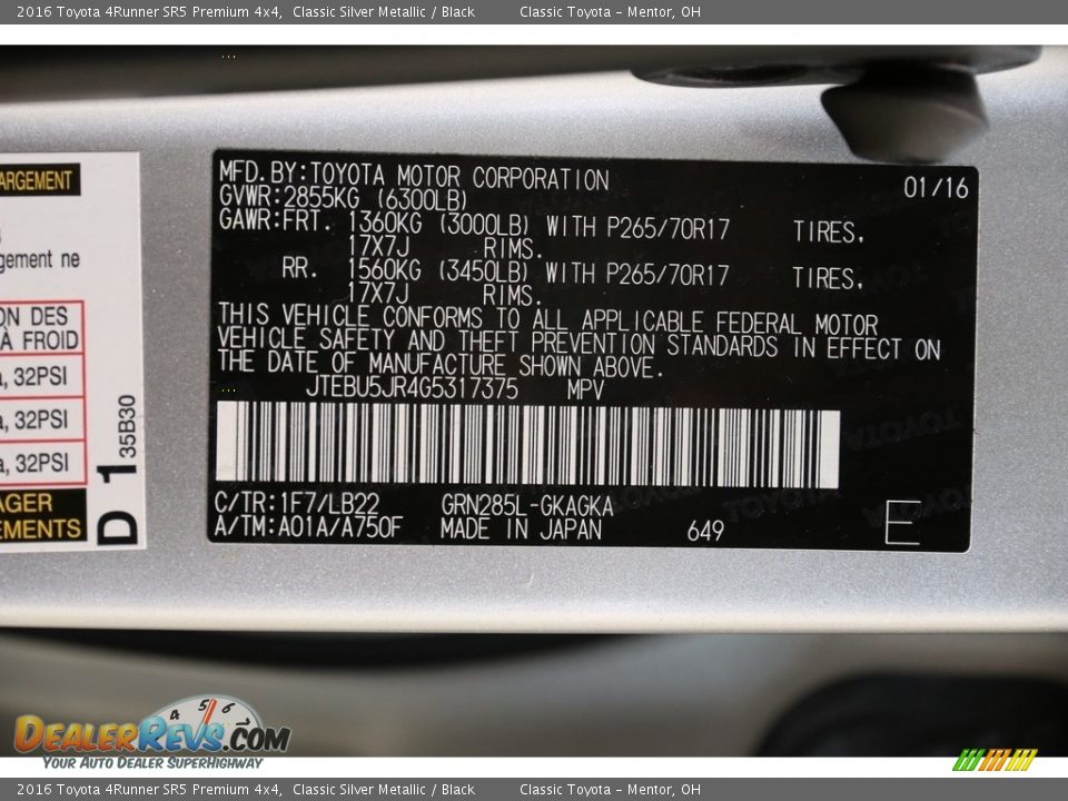 2016 Toyota 4Runner SR5 Premium 4x4 Classic Silver Metallic / Black Photo #21