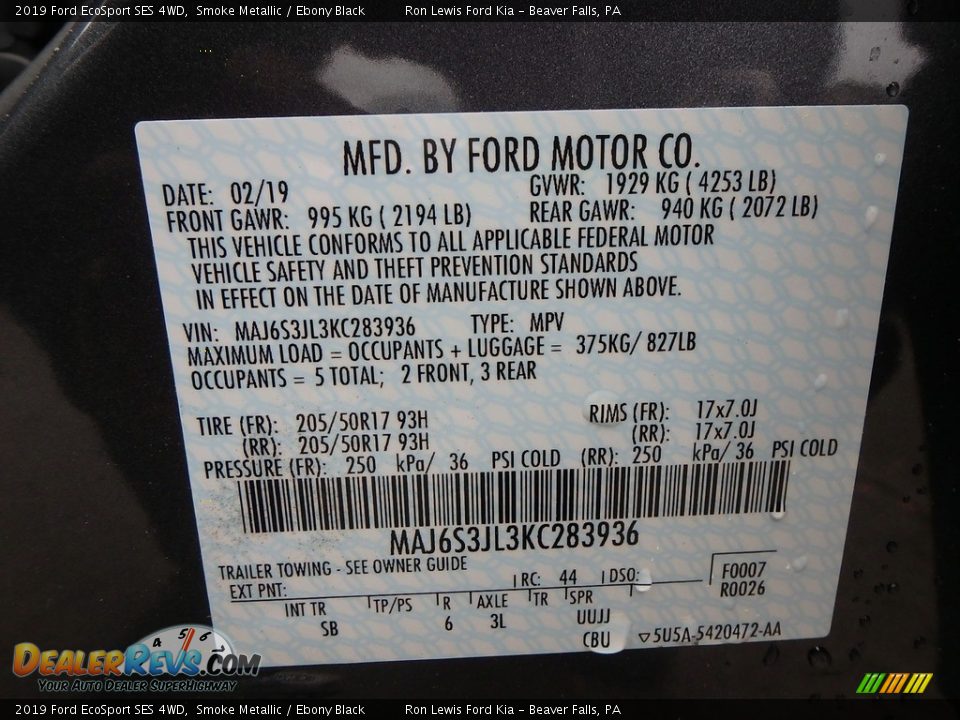 2019 Ford EcoSport SES 4WD Smoke Metallic / Ebony Black Photo #16