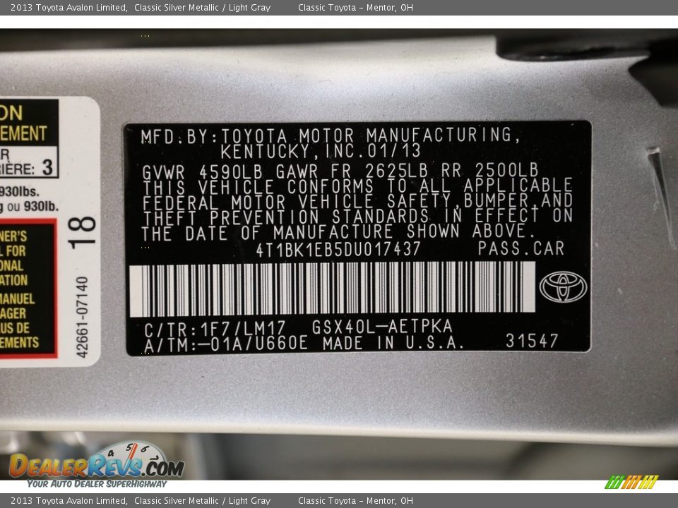 2013 Toyota Avalon Limited Classic Silver Metallic / Light Gray Photo #21