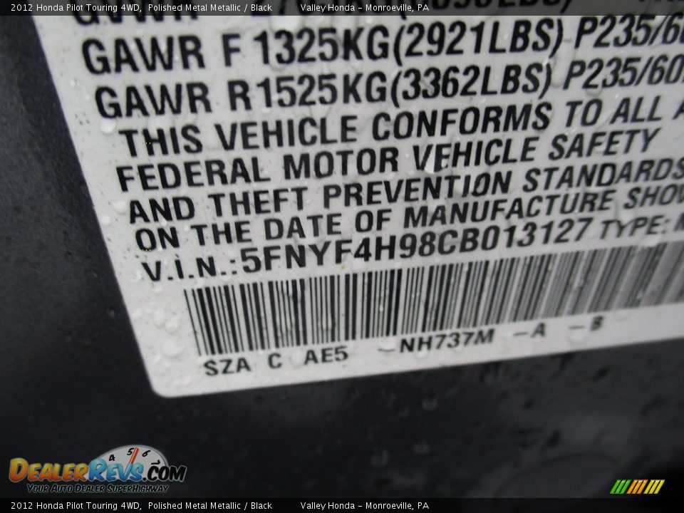 2012 Honda Pilot Touring 4WD Polished Metal Metallic / Black Photo #19