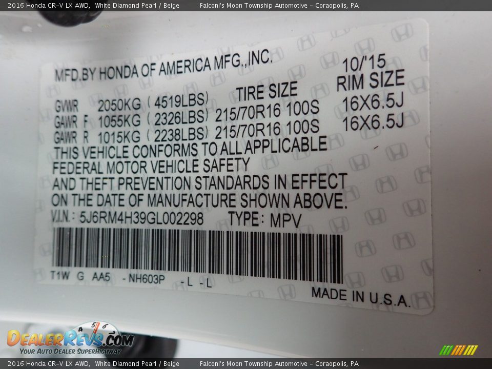 2016 Honda CR-V LX AWD White Diamond Pearl / Beige Photo #23