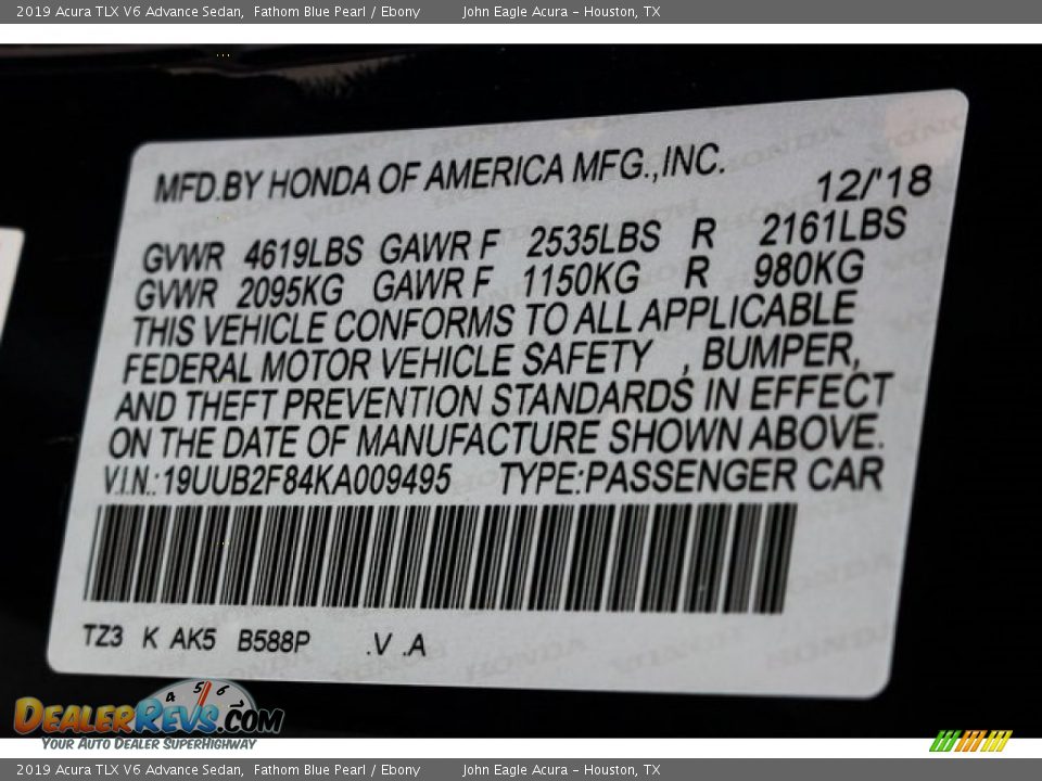 2019 Acura TLX V6 Advance Sedan Fathom Blue Pearl / Ebony Photo #36