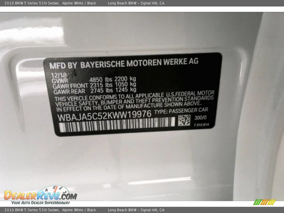 2019 BMW 5 Series 530i Sedan Alpine White / Black Photo #19