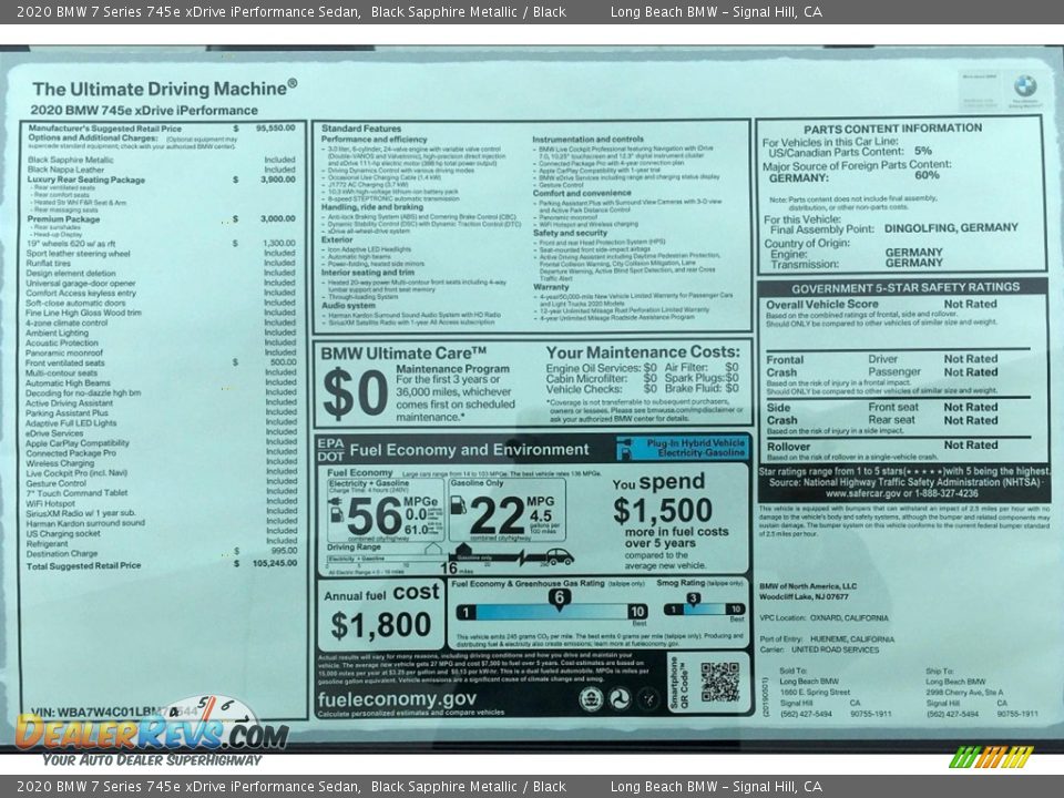 2020 BMW 7 Series 745e xDrive iPerformance Sedan Window Sticker Photo #11