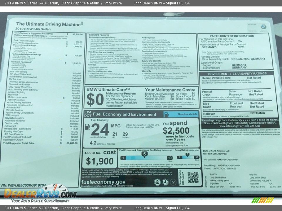 2019 BMW 5 Series 540i Sedan Dark Graphite Metallic / Ivory White Photo #11