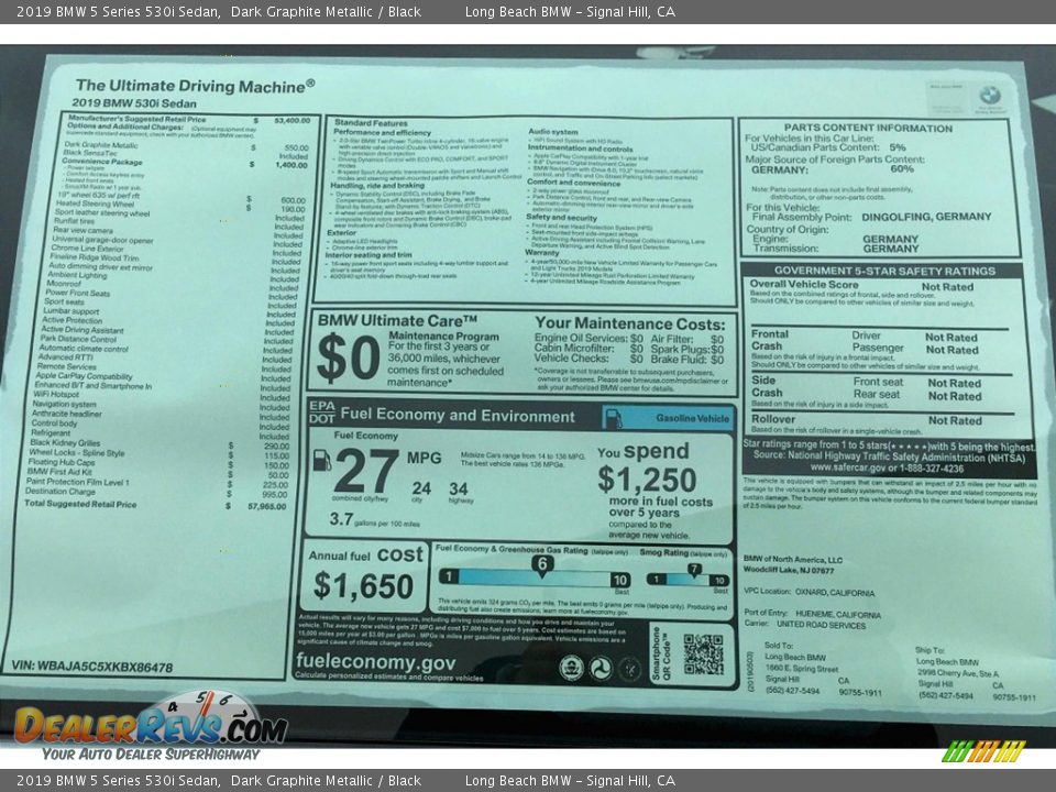 2019 BMW 5 Series 530i Sedan Dark Graphite Metallic / Black Photo #11
