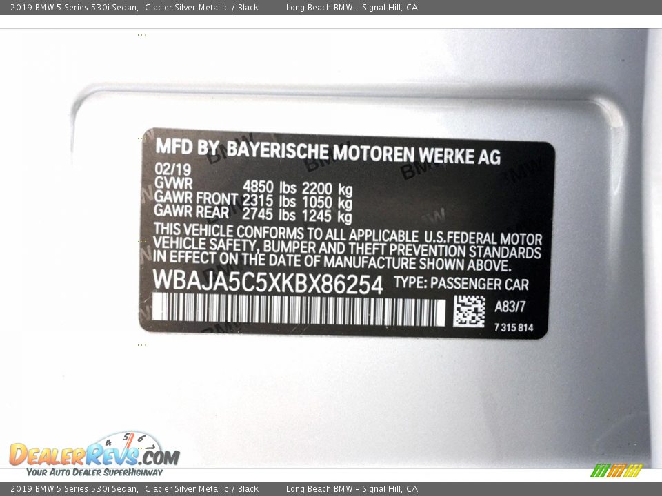 2019 BMW 5 Series 530i Sedan Glacier Silver Metallic / Black Photo #8