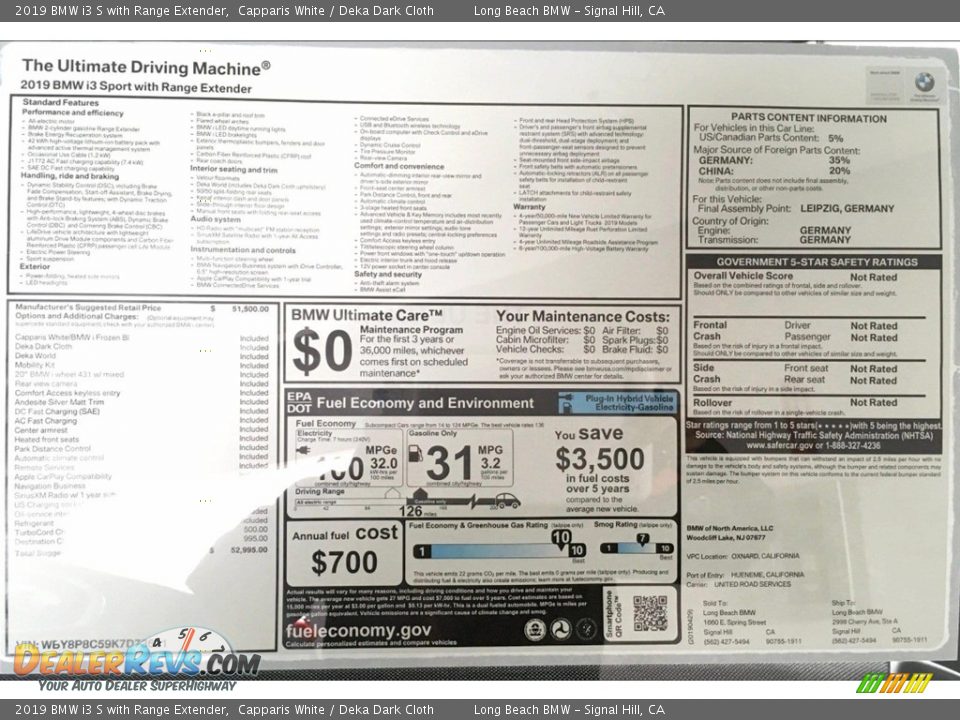 2019 BMW i3 S with Range Extender Window Sticker Photo #11