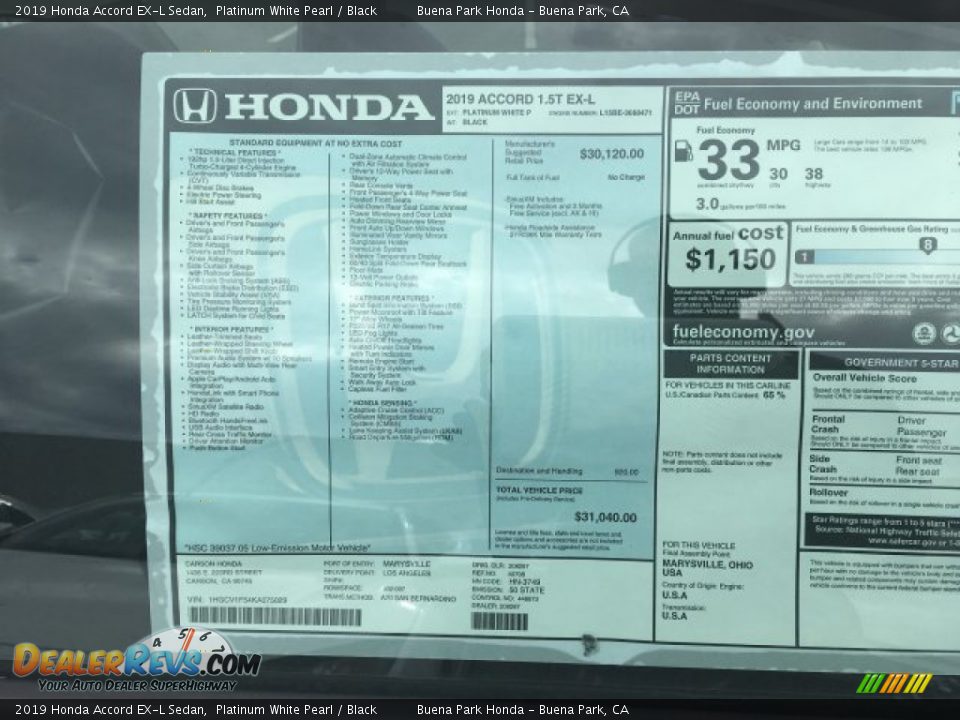 2019 Honda Accord EX-L Sedan Platinum White Pearl / Black Photo #11