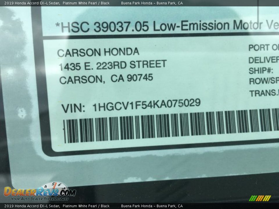 2019 Honda Accord EX-L Sedan Platinum White Pearl / Black Photo #12