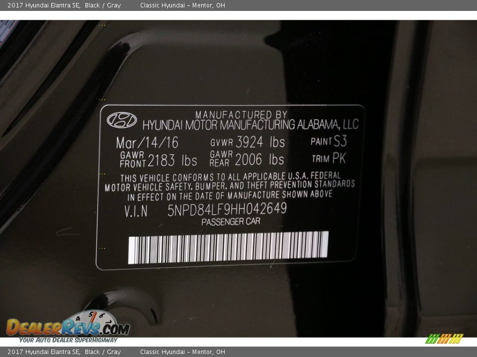 2017 Hyundai Elantra SE Black / Gray Photo #20