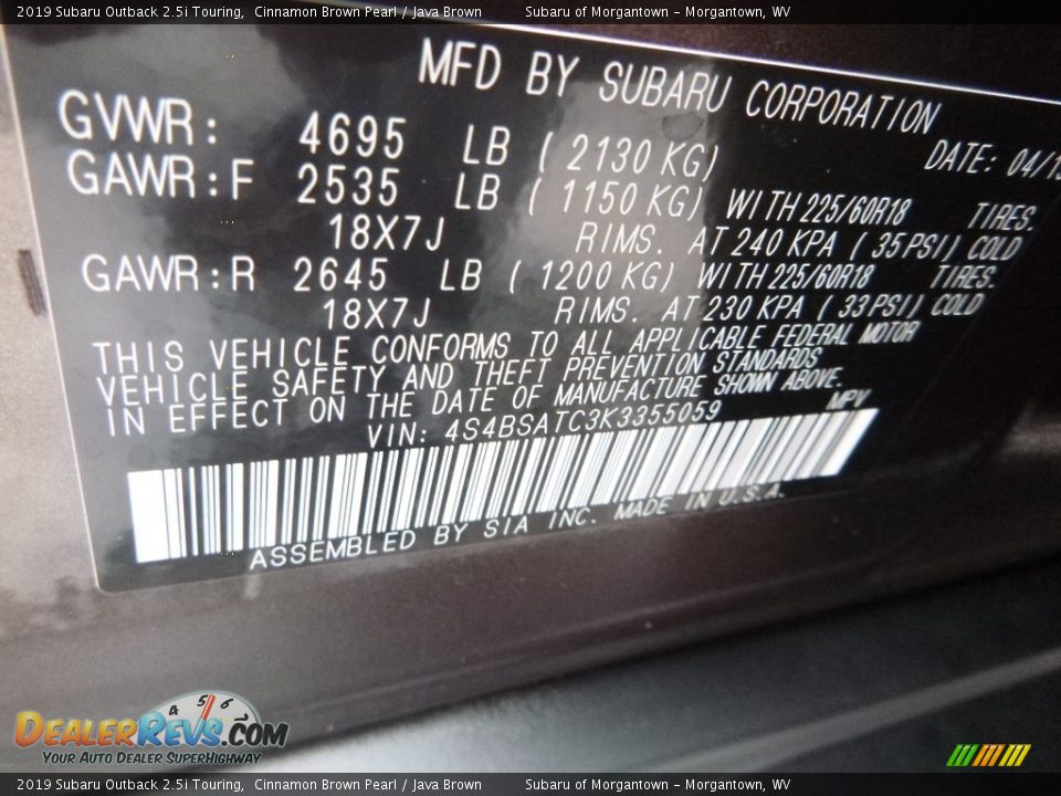 2019 Subaru Outback 2.5i Touring Cinnamon Brown Pearl / Java Brown Photo #14