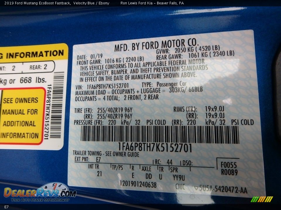 Ford Color Code E7 Velocity Blue