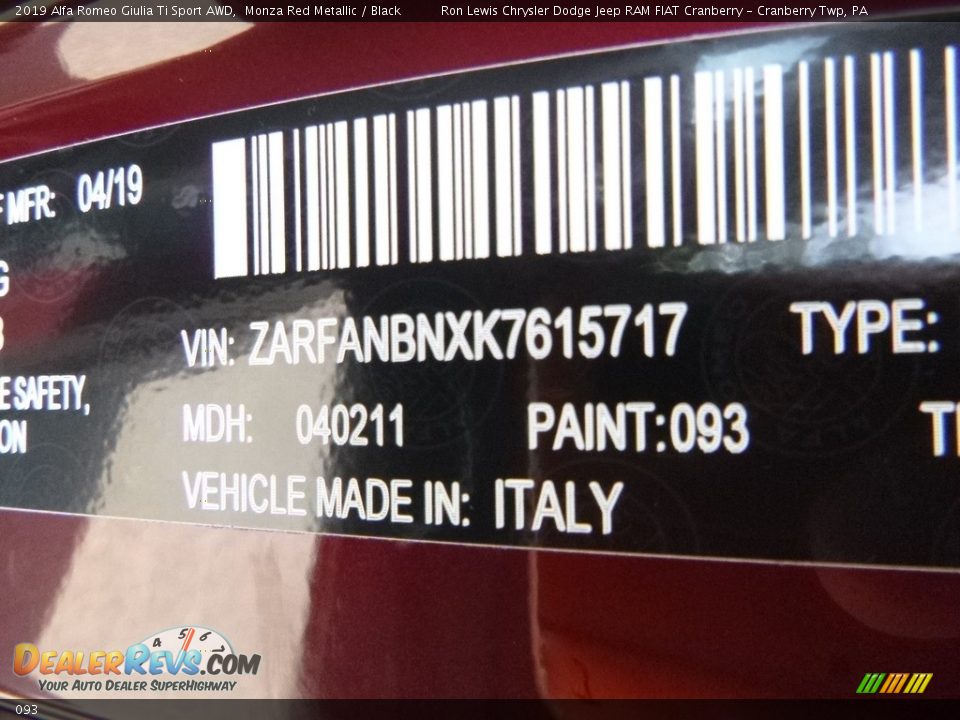 Alfa Romeo Color Code 093 Monza Red Metallic