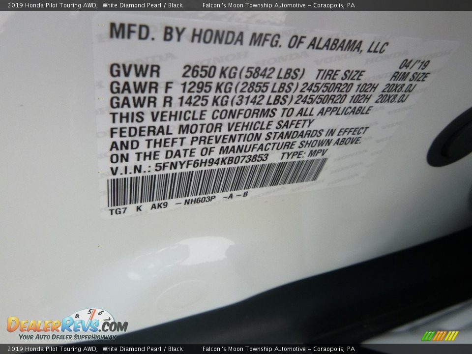 2019 Honda Pilot Touring AWD White Diamond Pearl / Black Photo #12