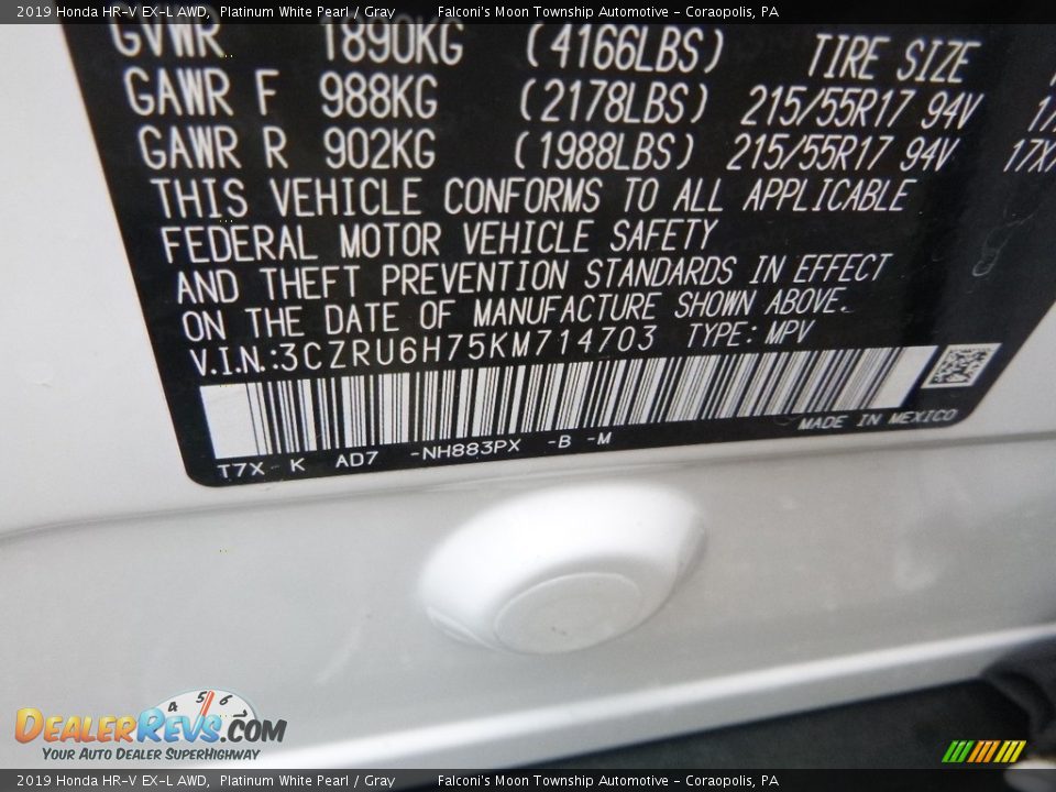 2019 Honda HR-V EX-L AWD Platinum White Pearl / Gray Photo #12